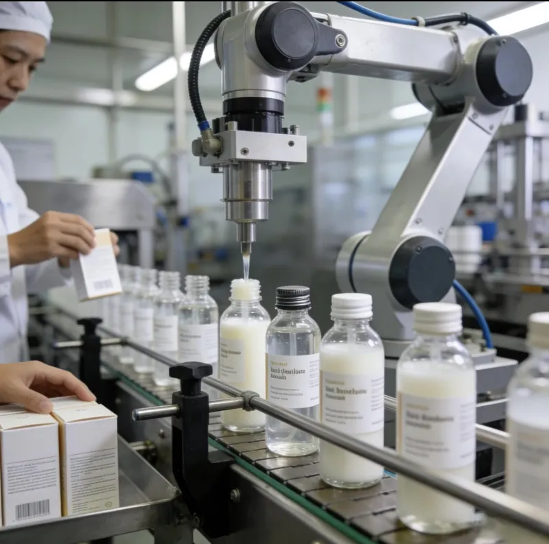 Automated filling and labeling line for private-label skincare bottles at a China OEM facility, illustrating repeatable production from first order to reorder