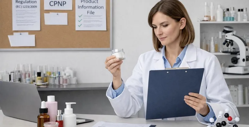 Lab technician cross-checking a finished cosmetic product against EU Regulation 1223/2009, CPNP, and Product Information File requirements
