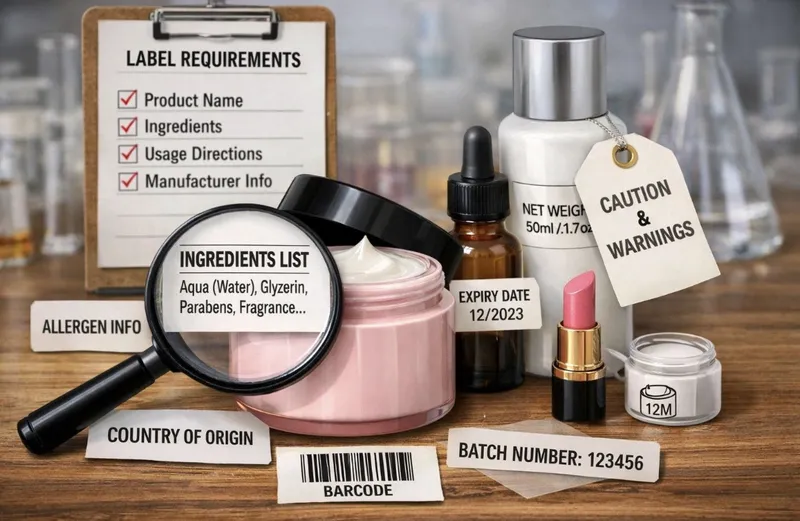 Cosmetic label review checklist covering product name, ingredients, usage directions, manufacturer info, allergen info, country of origin, batch number, and expiry date