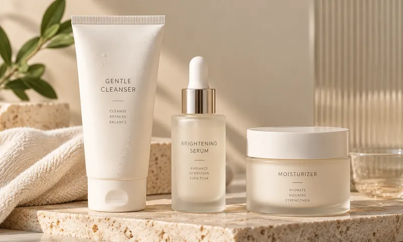 A three-step skincare routine set — gentle cleanser, brightening serum and moisturizer — styled together on a stone surface