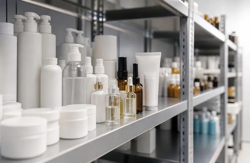 Warehouse shelving stocked with many unlabeled skincare bottles, jars and droppers, illustrating inventory risk across multiple SKUs